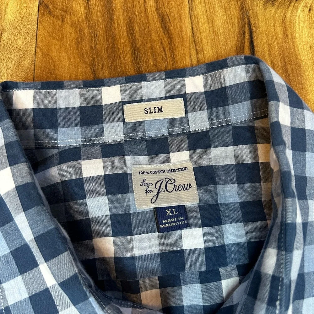 J.Crew Mens Slim Fit XL Blue White Gingham Button Down Shirt Secret Wash Cotton